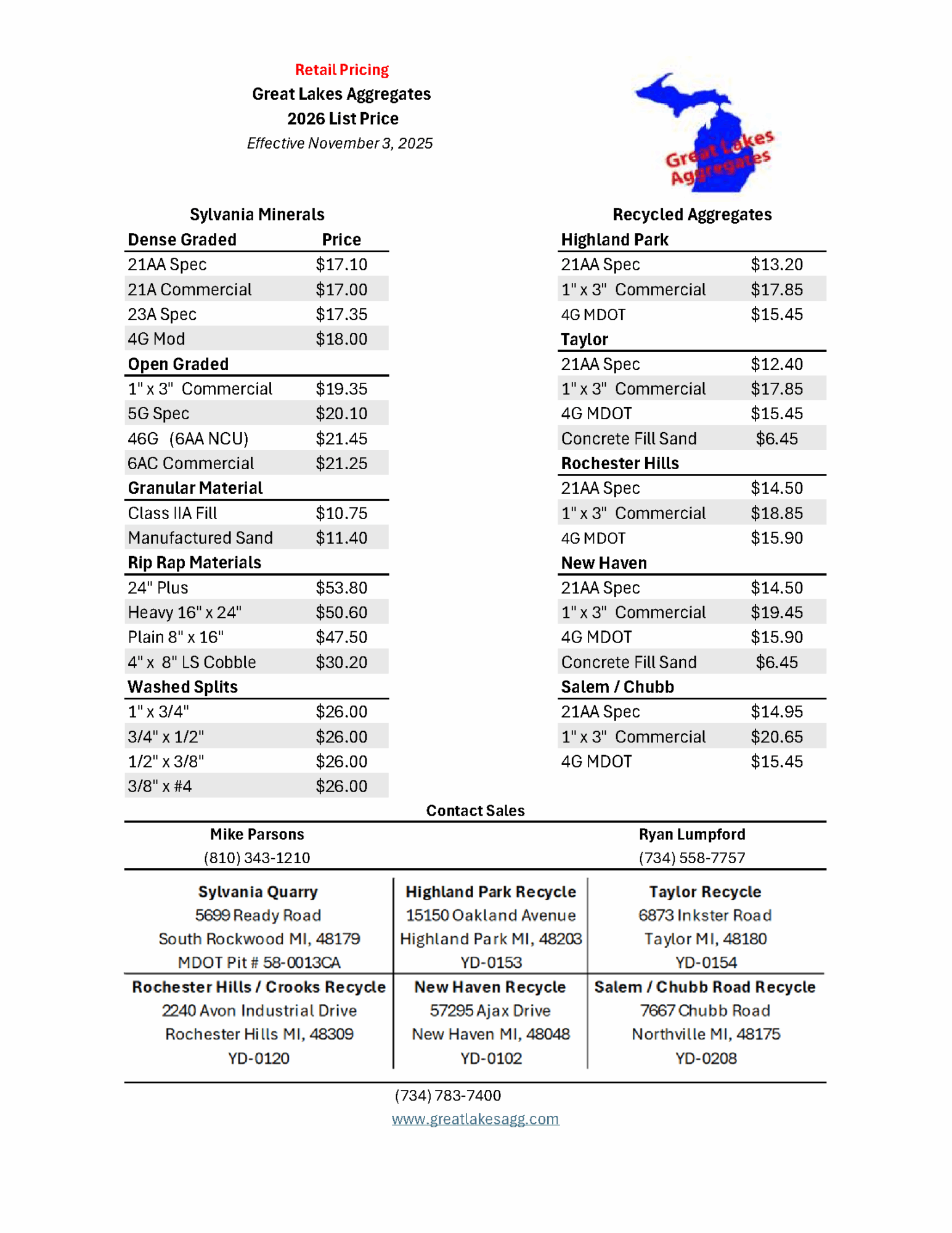 great lakes aggregates 2026 retail price sheet great lakes aggregates 2026 retail price sheet